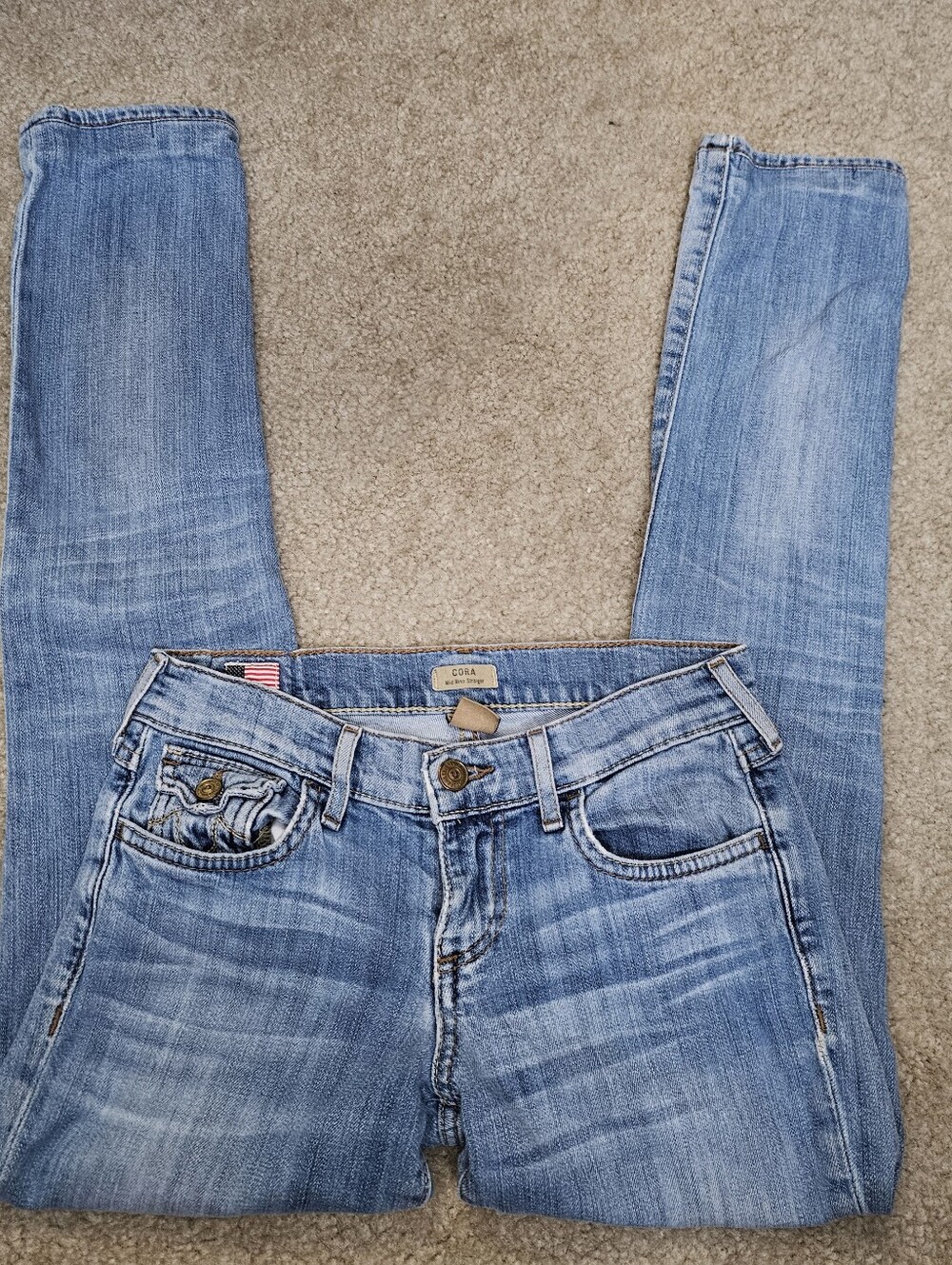 True Religion Cora Mid Rise Straight Jeans Light Wash Flap Pockets Size 23